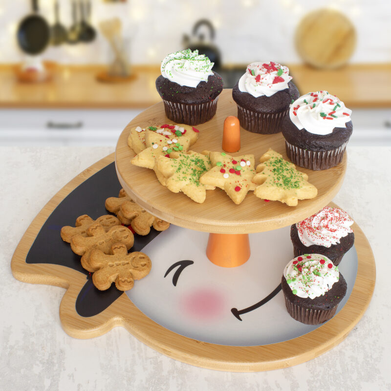 Custom Snowman Bamboo 2-Tiered Serving Stand - 3